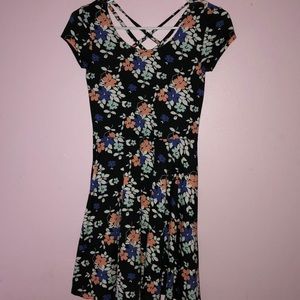 Flowered blue and coral and white dress